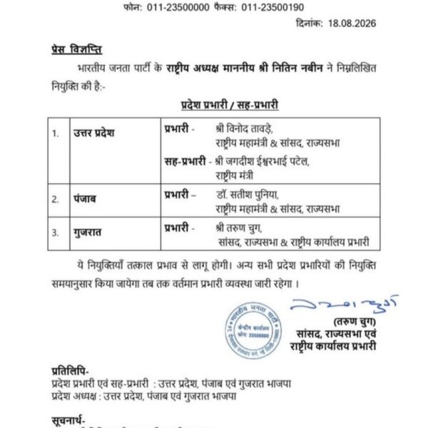 यूपी में BJP ने तेज की मिशन-2027 की तैयारी, विनोद तावड़े को मिली प्रदेश की जिम्मेदारी